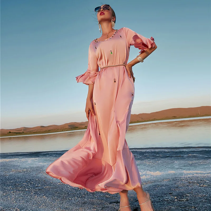 Women Fashion Solid Pink Color Satin Long Dressses Diamond Butterfly Sleeve Delicate Elegant Lady's Vestidos Mujeres