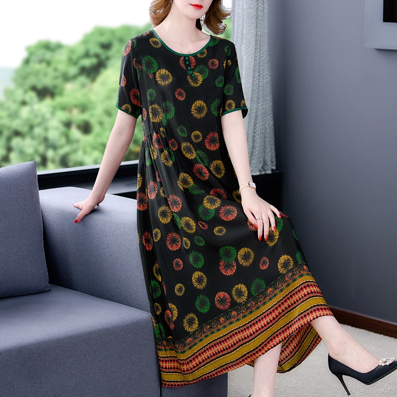 

Summer Beach Casual Floral Chiffon 4XL Sundress 2022 Vintage Print Mulberry Silk Midi Dress Women Elegant Bodycon Party Vestidos
