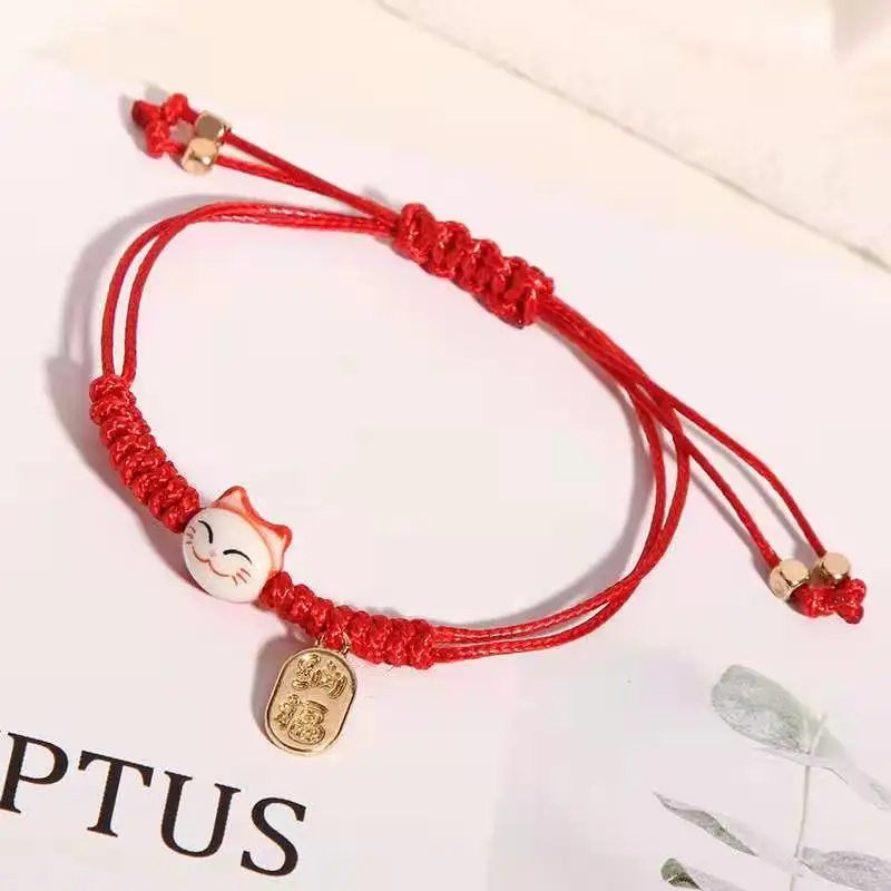 

Handmade Colorful Rope Lucky Cat Bracelet For Women Girls Birthday Gifts Charm Tassel Fashion Maneki Neko Couple Bangles