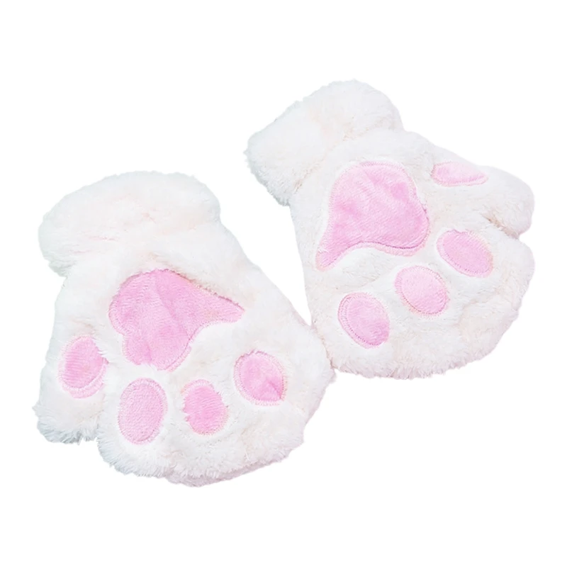 

F42F 1Pair Women Girls Lovely Winter Warm Fingerless Gloves Bear for Cat Paw Claw Plush Half Finger Mitten with String