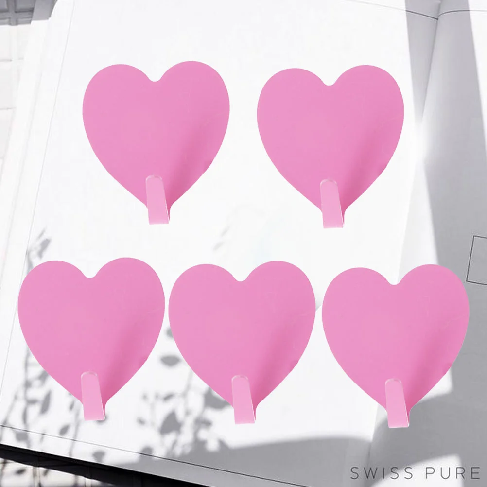 

5Pcs Heart Shape Seamless Sticky Hook Stainless Steel Wall-mounted Coat Hat Hook for Home Office (Pink)