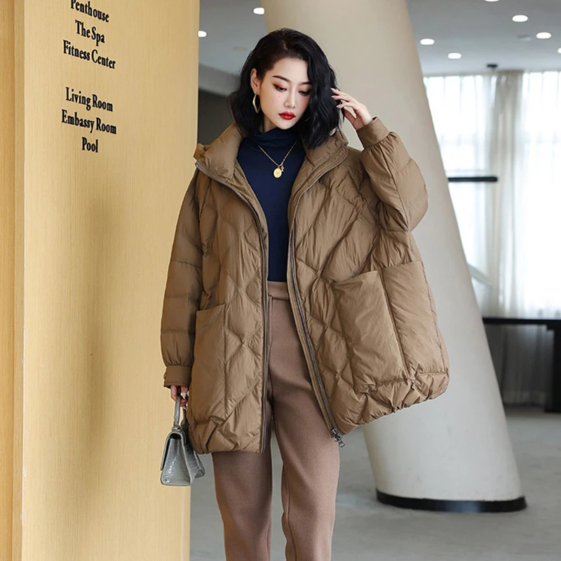 Women's winter down jackets Oversized Brown Pockets Hooded puffer jacket Casual Blue Long sleeve coat Ladies 2023 INKEO 2O338