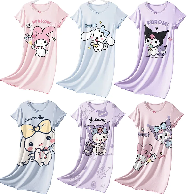 

Kawaii Anime Sanrios Mymelody Cinnamoroll Kuromi Children's Pajamas Girl Nightdress Summer Cartoon Short-Sleeved Home Clothes