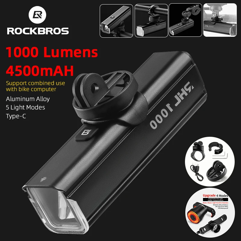 ROCKBROS Bicycle Front Light 1000 Lumens 4500mAH Lamp Highlight Aluminum Type-C Bike Flashlight Headlight MTB Road Cycling Light