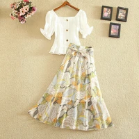 summer two piece floral print skirts short sleeve t shirt square collar top bow calf length skirt female elegant casual suit e92