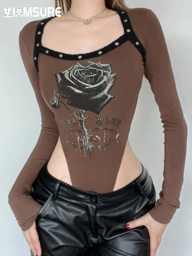 

IAMSURE Vintage Floral Printed Patchwork Bodysuits Sexy Slim Square Collar Long Sleeve Rompers Women 2023 Autumn Spring Fashion