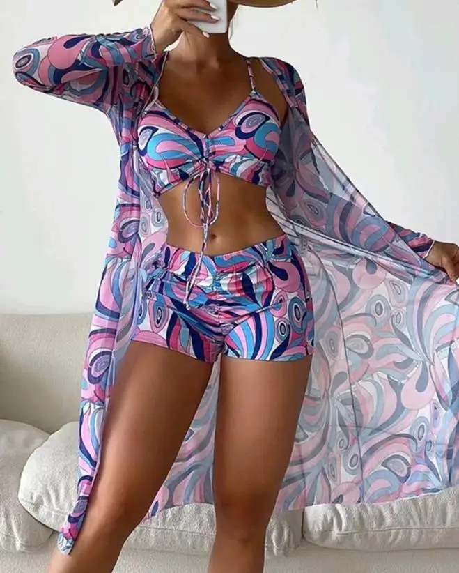 

Women's Swimwear 2023 Sexy 3PCS Allover Print Sleeveless Drawstring Fashion Bikini Set With Cover Up Beachwear Swimming Suit