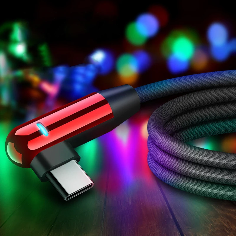 

3A Fast Charging 90 Degree USB Type C Cable Cord For Samsung S10 S9 Huawei Mate 20 Mobile Phone USBC LED Quick Charger Wire