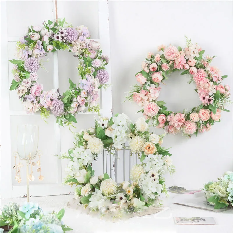 

38cm Simulation Wreath Door Hanging Decoration Colorful Wreath Display Window Wedding Photography Props Peony Hydrangea Garlands