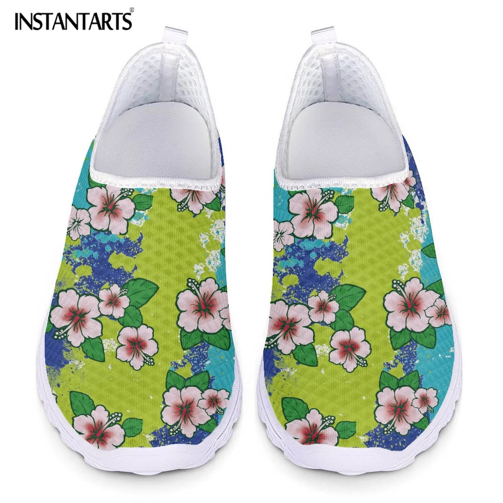 

INSTANTARTS Summer Breathable Slip-on Flat Shoes for Women Pretty Hibiscus Flower Print Ladies Mesh Sneakers Casual Air Loafers