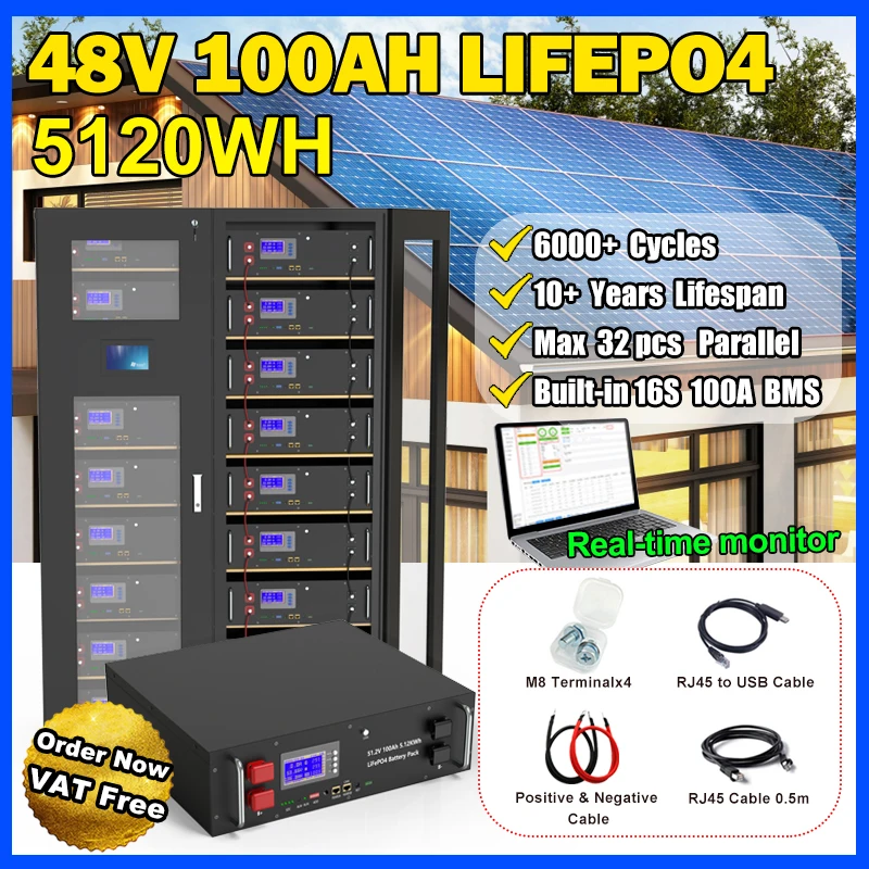Аккумуляторная батарея LiFePO4 48 В 51,2 Ач 16S в 5 кВтч Встроенная BMS литий-железо-фосфатная батарея для хранения энергии