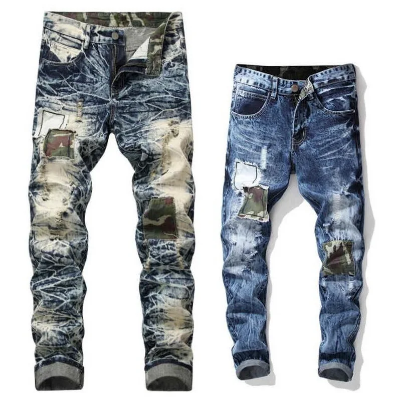 Men Jeans Holes Ripped Stretch Denim Pants Men's Fashion Jeans Patch Camo Hip Hop Jeans
