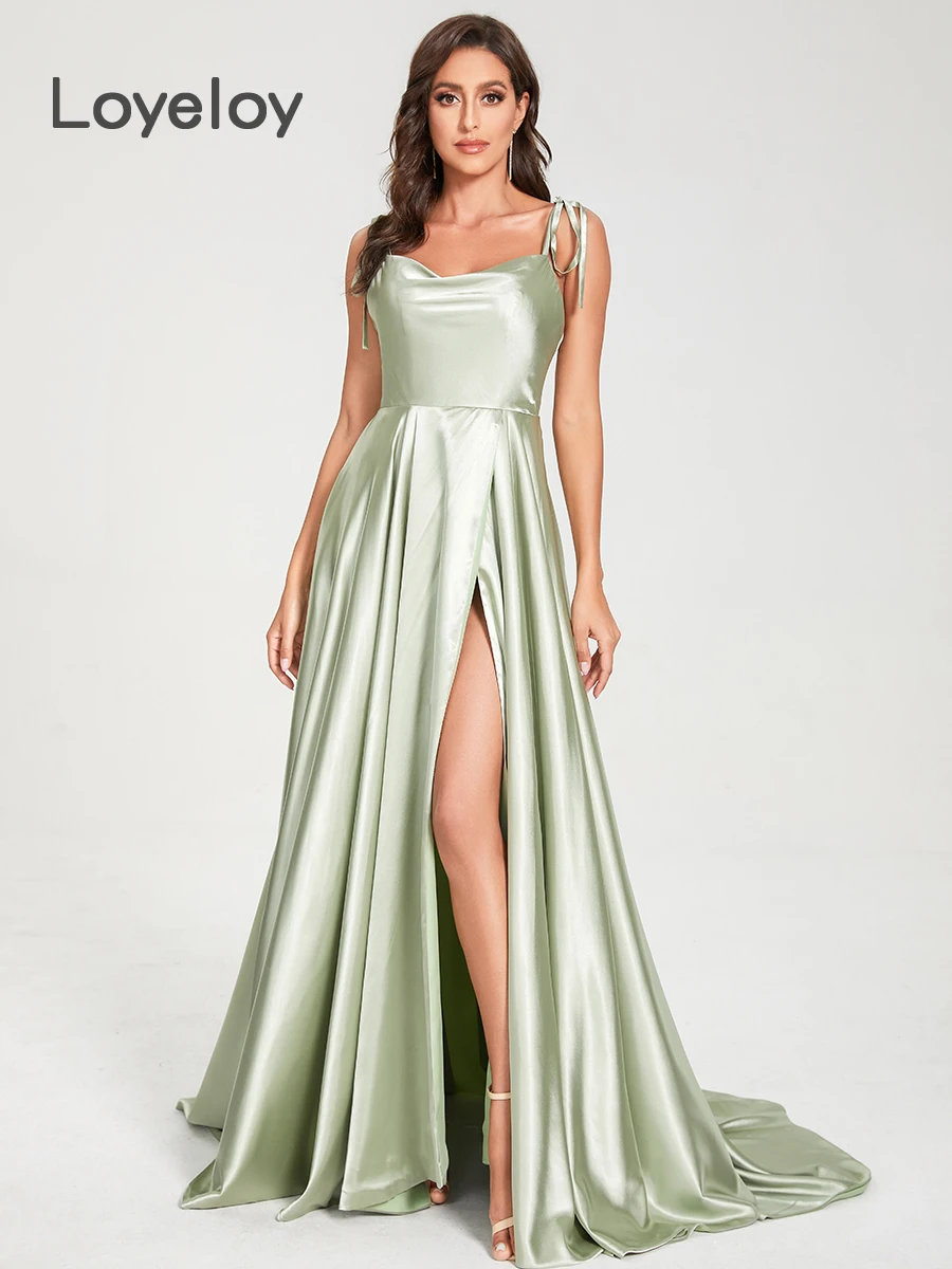 

Loyeloy Mint Silky A Line Satin Prom Dresses High Slit Sleeveless Woman Dress Sexy Backless Parti Dress