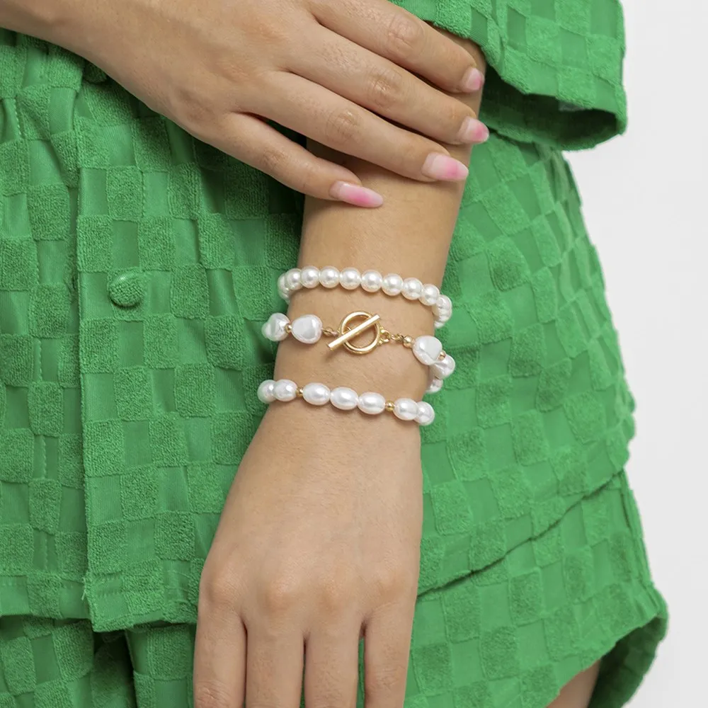 

3Pcs Kpop Imitation Pearls Bracelet Set for Women Egirl Trendy Baroque Artificial pearls Beaded OT Button Bracelet Charm Jewelry