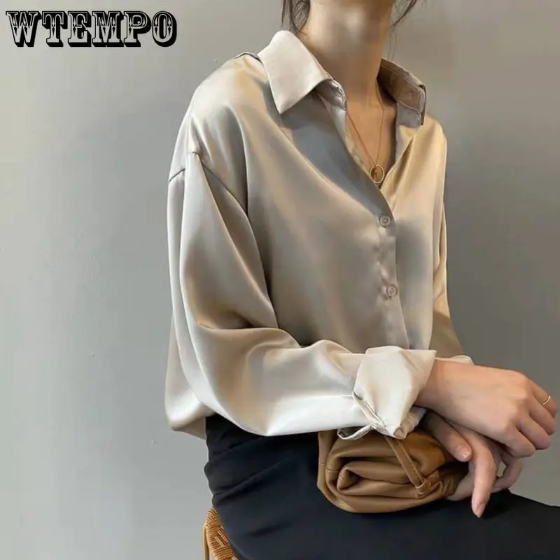 

WTEMPO Women Tops Blouses Spring Summer Elegant Long Sleeve Silk Blouse Female Work Wear Shirts Blouse Oversized Dropshipping