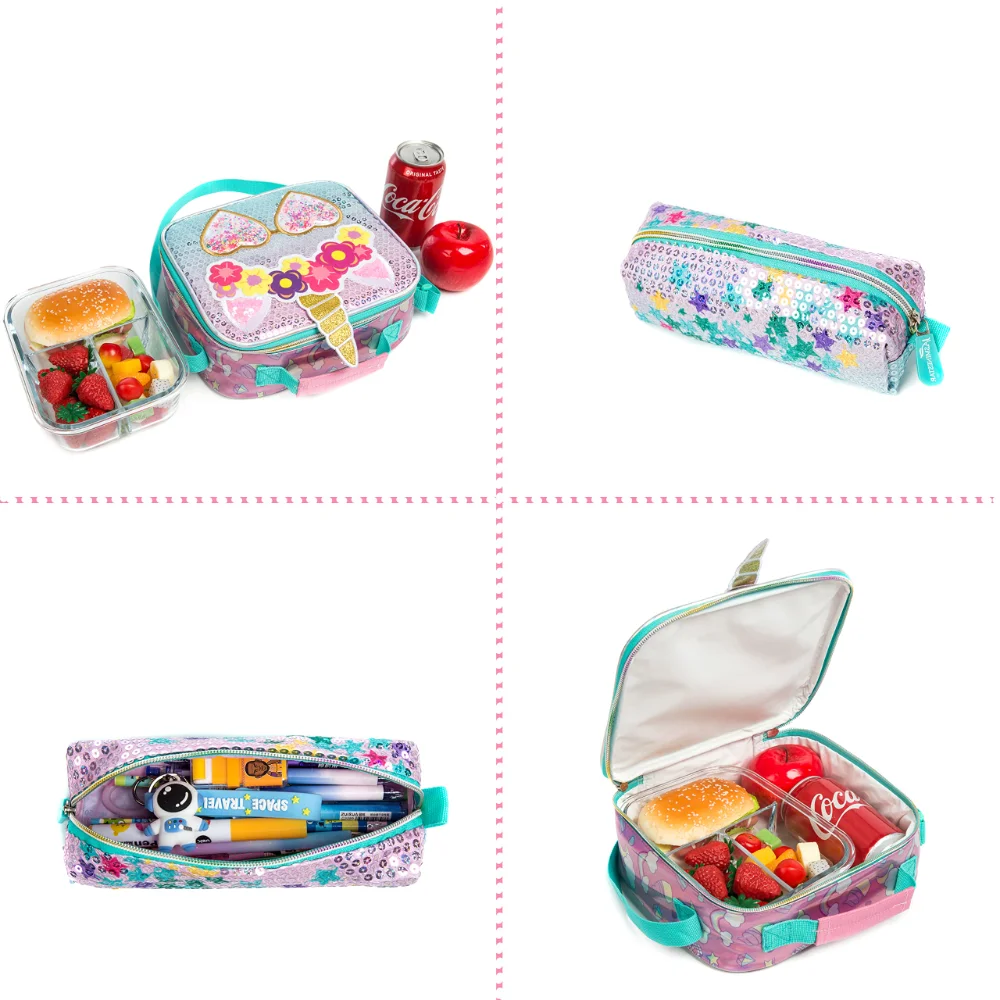 BIkab 3 Piece Set School Bags for Girls  Unicorn Pink Sequins Waterproof  Kids Backpack School Bags Shoulder Kawaii Backpack