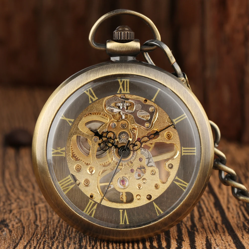 Bronze Open Face Manual Mechanical Pocket Watch Men Roman Numerals Skeleton Vintage Fashion Pendant Hand-Wind Pocket Clock