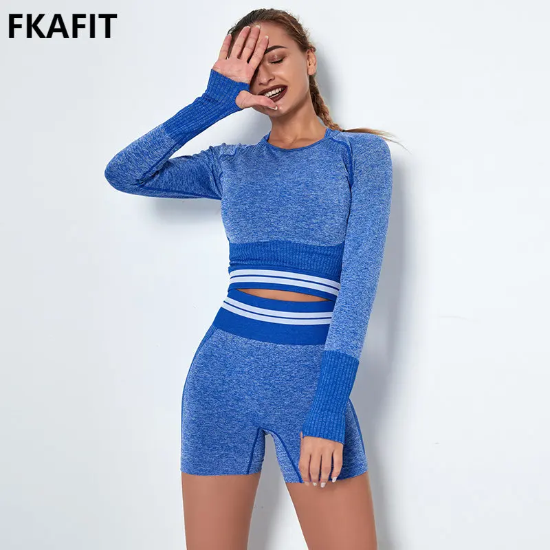 

Трикотажный бесшовный комплект для йоги, шорты, топ с длинными рукавами, комплект из 2 предметов, полосатая спортивная одежда в стиле пэчворк, спортивная одежда для женщин, костюм для фитнеса