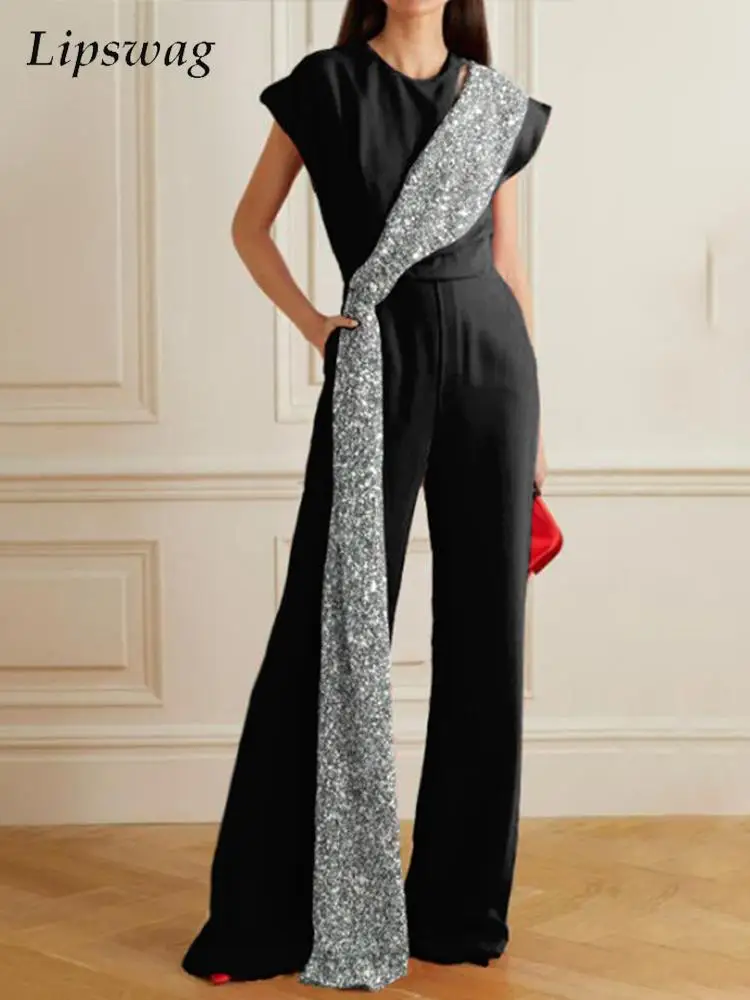 

Fashion Waisted Wide Leg Jumpsuit Women Elegant Office Print Stitching Overalls Summer O Neck Short Sleeve Hollow Shawl Playsuit