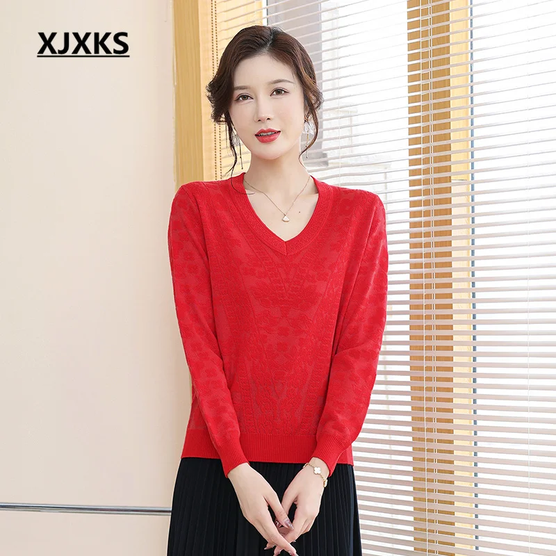 

Осень-зима 2022, Модный женский свитер XJXKS с V-образным вырезом и длинными рукавами, однотонный Универсальный шерстяной вязаный Топ