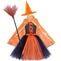 Black Orange Girls Halloween Witch Costume Kids Carnival Party Dresses Baby Girl Tutu Dress and Cloak Hat Broom Children Clothes