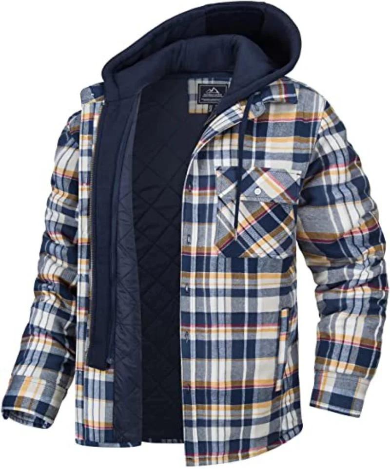 2022 Best Men's Wear European and American Autumn and Winter Heavy Cotton Shirt Plaid Long Sleeve Loose Hooded Jacket Coat
