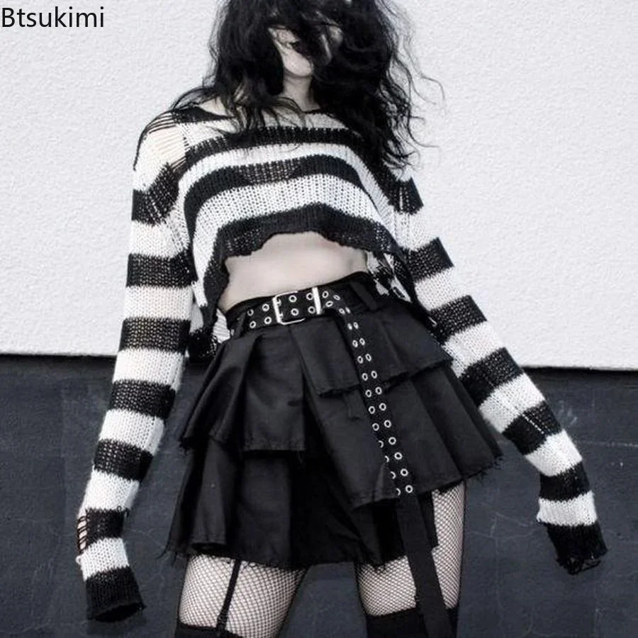 Новинка 2024 женский полосатый ажурный свитер в стиле панк готики цветных блоков