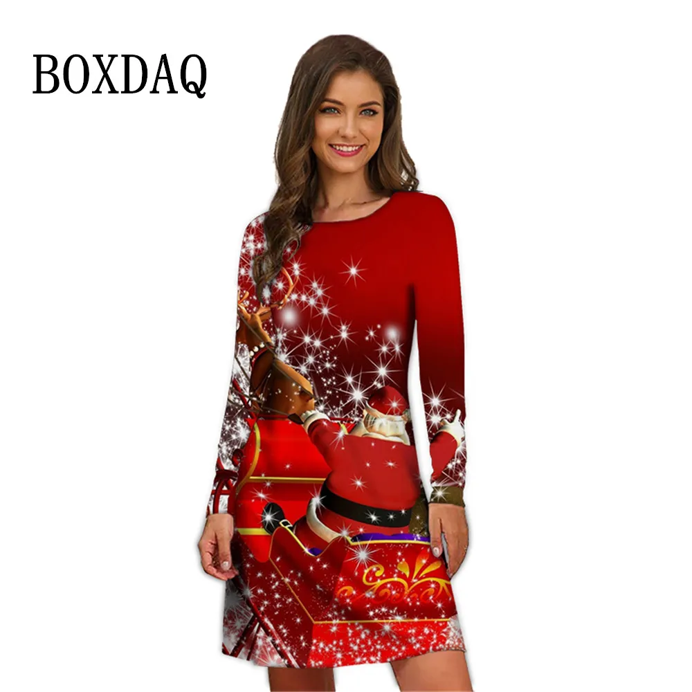 

Осеннее красное рождественское платье с принтом снежинок, элегантное женское Свободное платье, модное милое платье большого размера с длин...