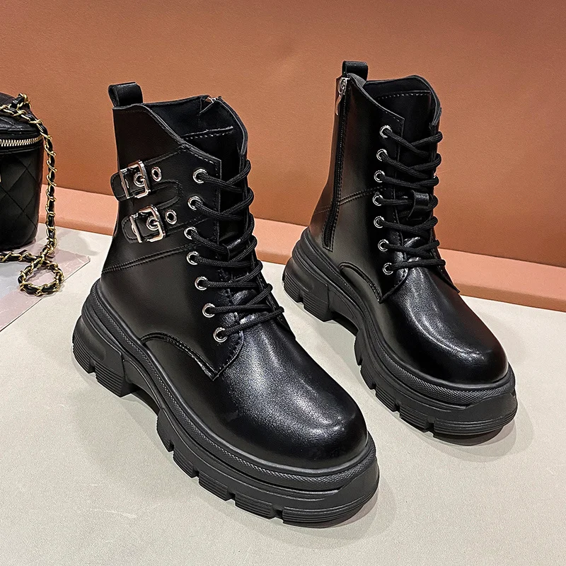 

Женские ботинки с мехом, Черные ботильоны в стиле панк, с круглым носком, на платформе, Осень-зима 2022