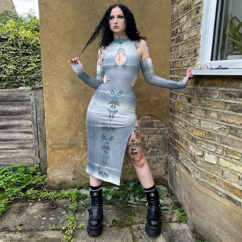 

Cheongsam For Women Sexy Chinese Dress Modern Qipao Modified Cyberpunk Gothic Style Slit Bodycon Retro Vintage