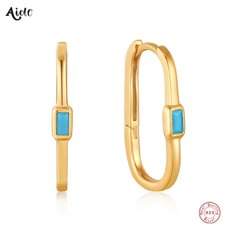 

Aide 925 Sterling Silver Long Looped Circle Huggie Earrings For Women Rectangle Blue Turquoise Inlaid Versatile Hoop Earrings