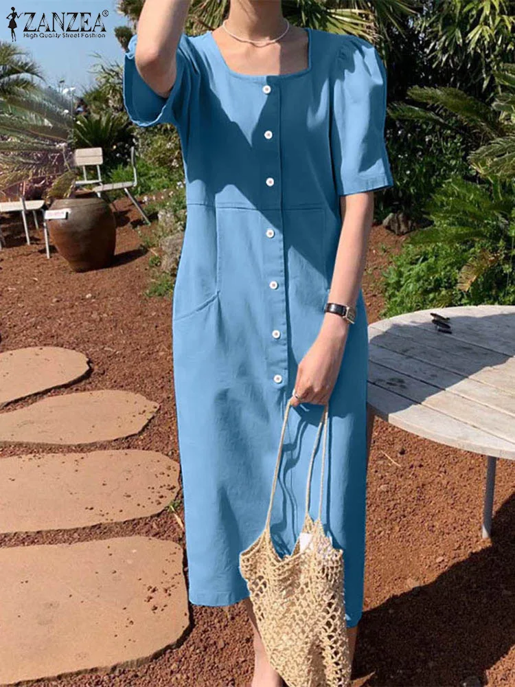 

ZANZEA Holiday Leisure Sundress Casual Denim Midi Dress Women Elegant Square Neck Button Vestidos 2023 Summer Short Sleeve Robes