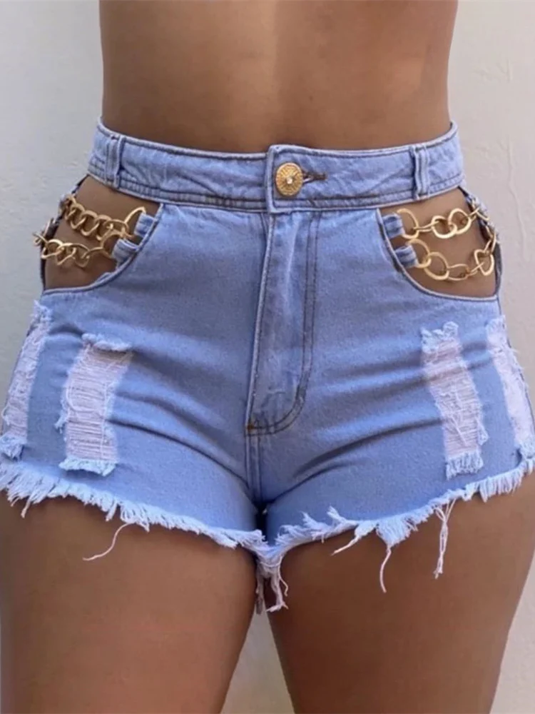 

Mandylandy Women Sexy Ripped Hollow Out Denim Shorts with Chain Fashion Female Elegant Mid Waist Skinny Bodycon Short Jeans