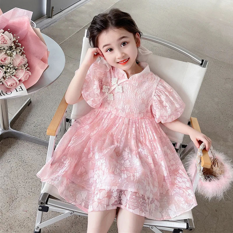 

Vintage Chinese Style Girls Dress Summer Princess Dress Party Short Sleeve Dress Girl Wedding Birthday Dress Children Clothing