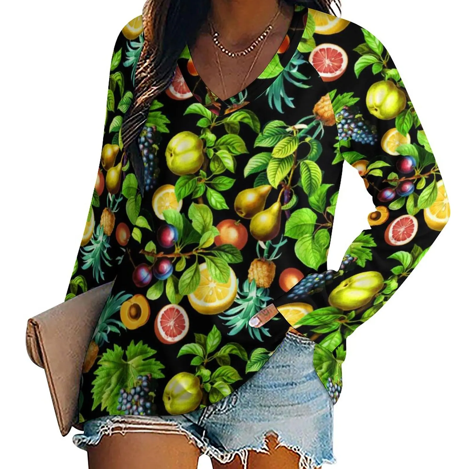 

Tropical Fruit T-Shirt Vegetarian Lemon Print Modern Long-Sleeve T Shirts Female V Neck Casual Tshirt Big Size Graphic Clothes