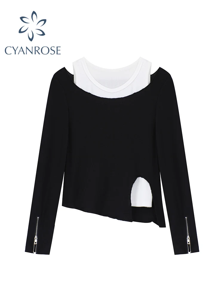 

Woman Irregular Black Knitwear Tops Fashion Female Chic Loose Casual Streetwear And Vest Fake Two Pieces Top 2022 Autumn New