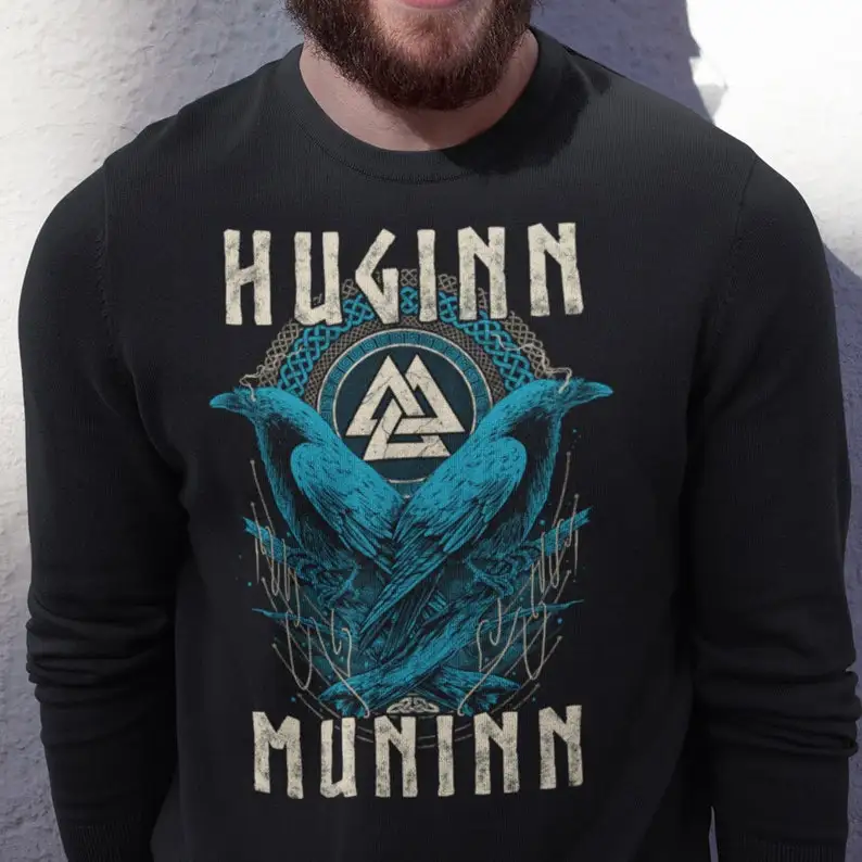 

Norse Valknut Rune Odin Raven Huginn and Muninn Viking Pagan Gift Sweatshirt New 100% Cotton Casual Mens Fashion Streetwear