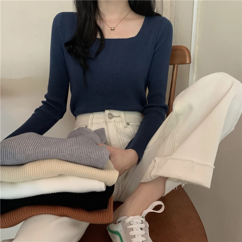 

Long Knitted Pullover Students Women Sleeve Spring Slim Korean Sweater Crop Tops Neck Square Style All-match