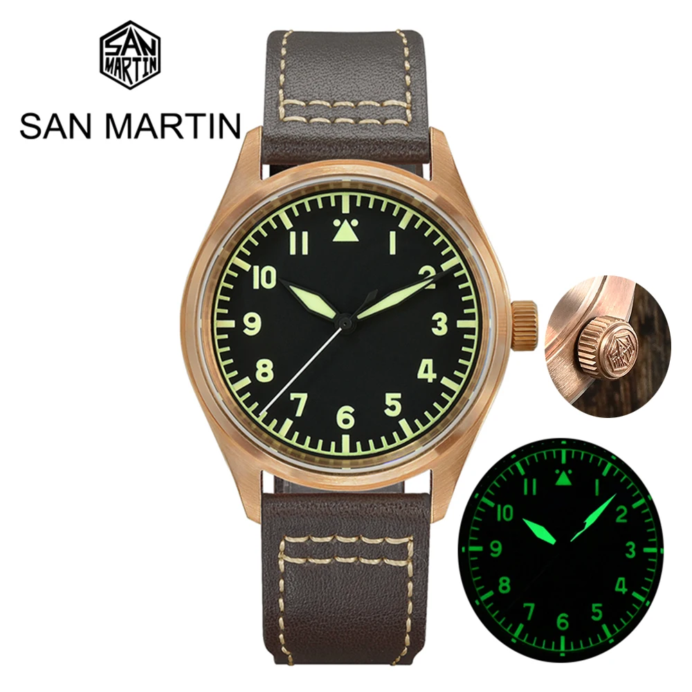 

San Martin 39mm Solid Bronze CUSN8 Sapphire Men's Diving Watch Japan YN55A Movement 200M Waterproof Leather Strap Watch Reloj