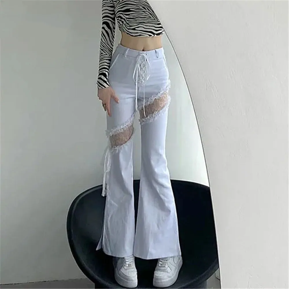 

Y2k Lace Stitching Hollow Out Side Slit Bandage High Waist Flared Jeans Slim Gothic Punk Streetwear Denim Pants Harajuku Trouser