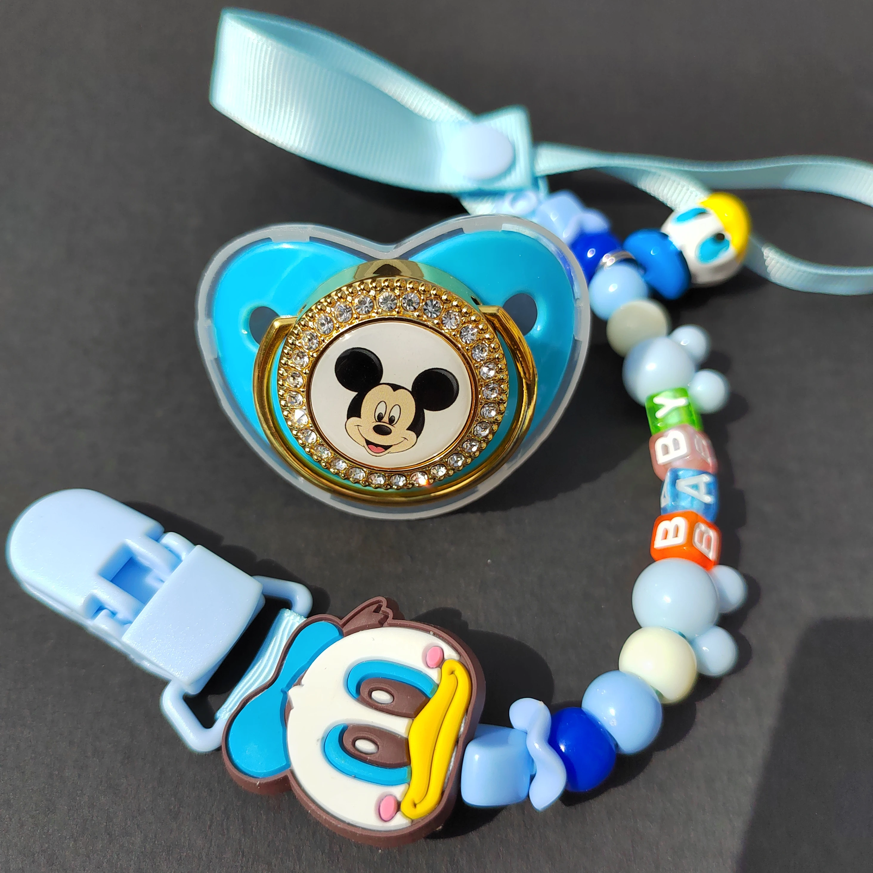 

Disney Baby Pacifier with Clip Cover Rhinestone Blue Luxury Pacifier Newborn Boy Silicone Pacifier Baby Shower Chupeta 0-24 M