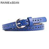 rainie sean women belt hollow out pu leather royalblue belt women korean casual ladies 2022 solid thin leather belt for jeans