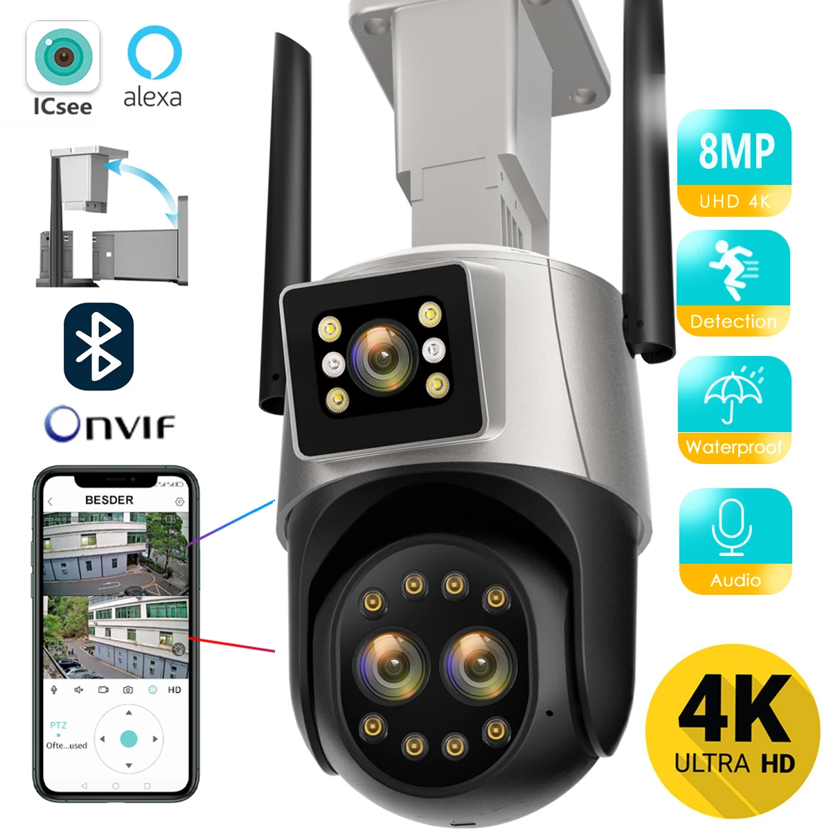 

IP-камера видеонаблюдения, 8 Мп, 3 объектива, Wi-Fi, 4K HD, PTZ