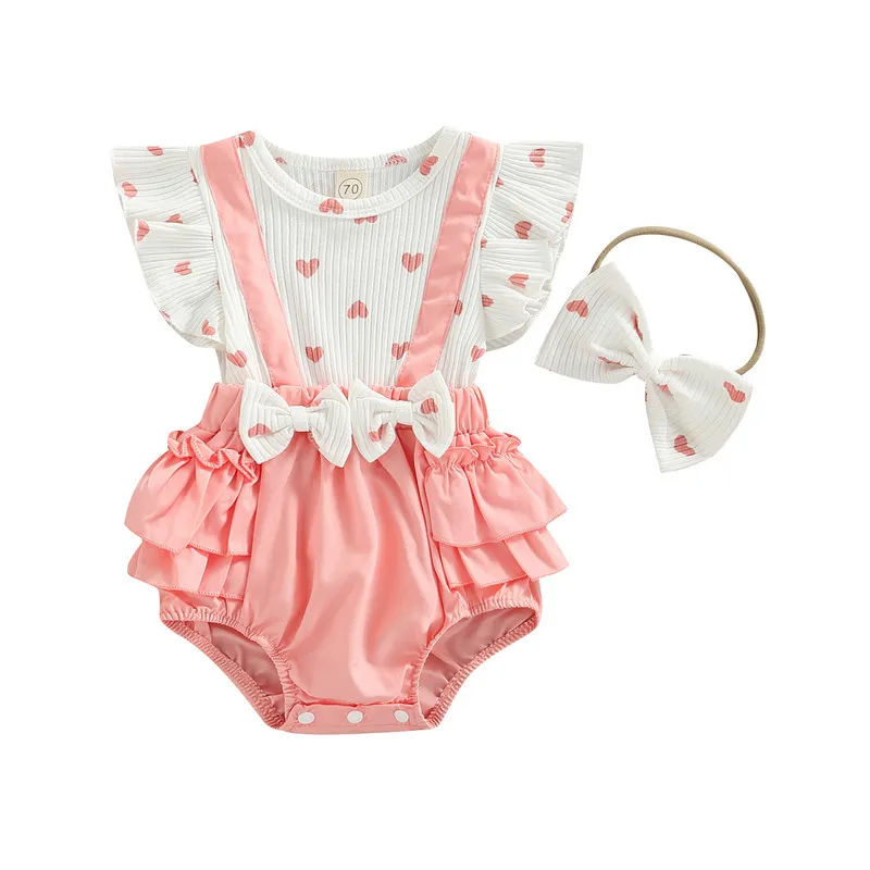 

Боди для маленьких девочек, летняя одежда 2023, Детские Layette Items с розовым сердечком, комбинезон из двух предметов с бантом для новорожденных