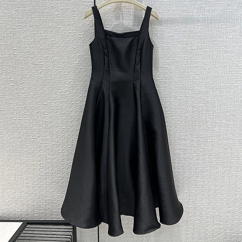 

Summer Sundress French Hepburn Black Long Party Dress Women Fashion Big Swing Slip Maxi Dresses Vintage Chic Square Neck Dress