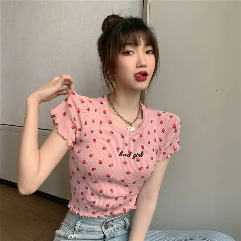 

2022 Summer New Korean Version Retro Floral Short-sleeved Knitted T-shirt Women All-match Fashion Sweet Top Boutique Clothing