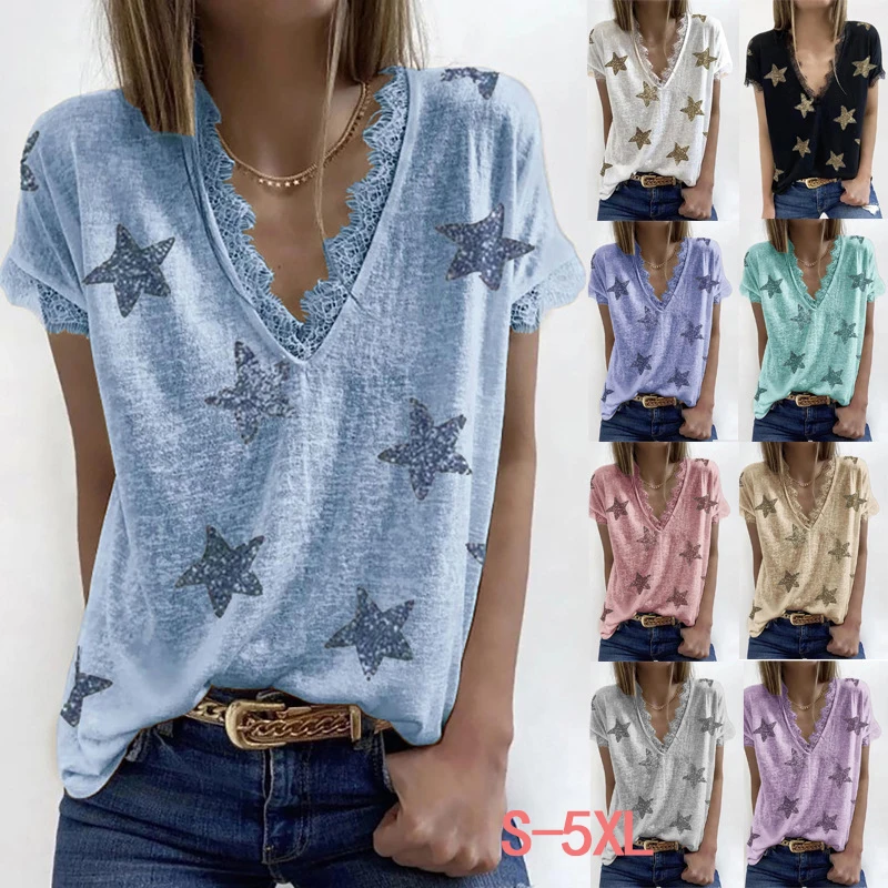 Fashion Star Shine Printed V Neck T Shirt Tops Women Lace Patchwork Short Sleeve Tee T-shirt Female Clothing