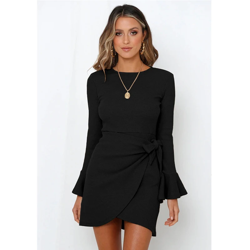 

Fashion Women Ruffled Trumpet Long Sleeves Bow 2022 Autumn New Waffle Temperament Short Dress Draped Lace Up Belt Classy Slim