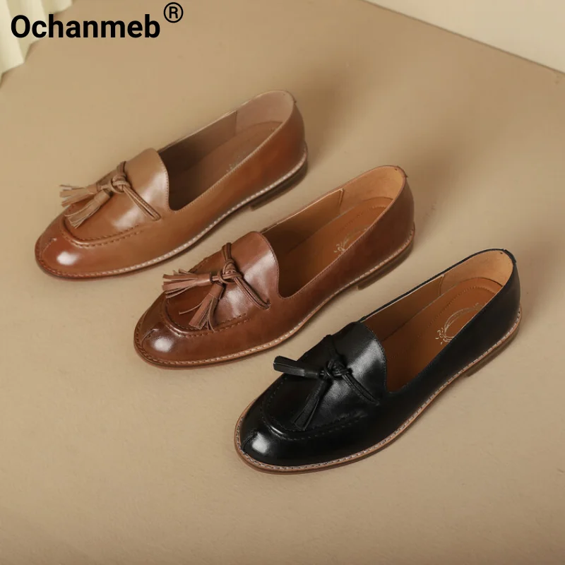 

Ochanmeb Women Genuine Leather Loafers Flat Shoes Tassel Fringe Round Toe Flats Ladies Slip-ons Loafers Creepers Moccasins 34-43