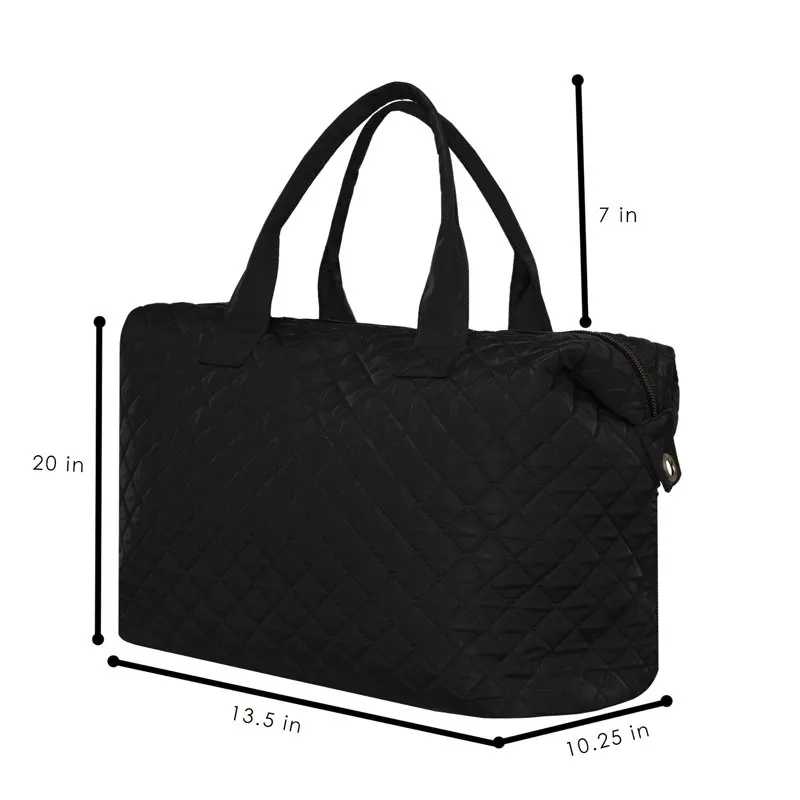 Black Nylon Checkered Pattern Travel Duffle Tote Bag for Women